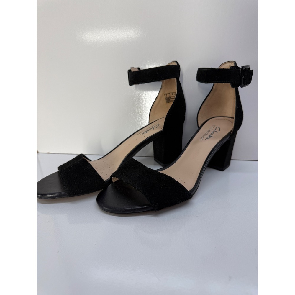 Clarks Collection Deva Mae Black Suede Block Heel Ankle Strap Sandals 7.5 M